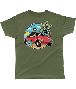Men's T-Shirt of a Man Driving Convertible Beetle near the Beach