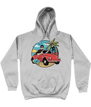 Load image into Gallery viewer, Man Driving Convertible Red Beetle at the Beach Hoodie