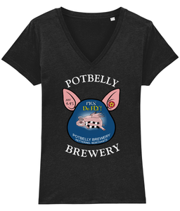 Ladies Cotton Potbelly Brewery Pigs Do Fly V-Neck T-Shirt