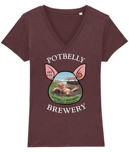 Ladies Cotton Potbelly Brewery Hedonism V-Neck T-Shirt