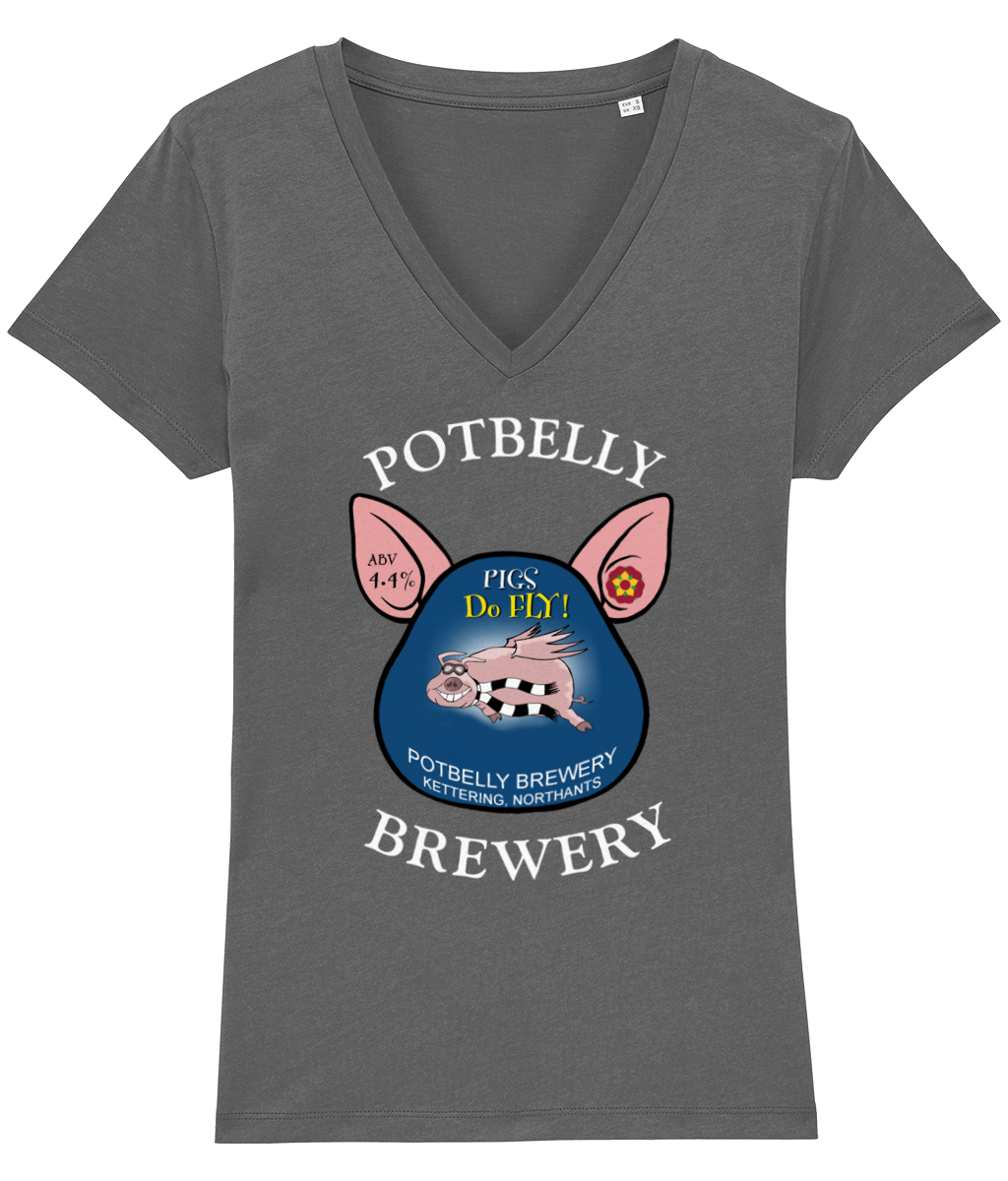 Ladies Cotton Potbelly Brewery Pigs Do Fly V-Neck T-Shirt