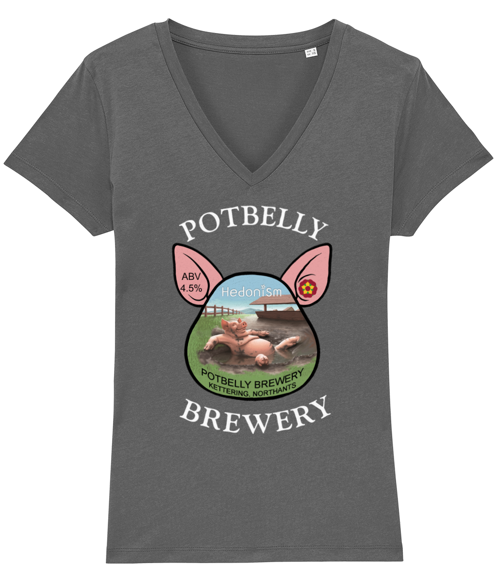 Ladies Cotton Potbelly Brewery Hedonism V-Neck T-Shirt