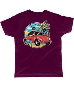 Men's T-Shirt of a Man Driving Convertible Beetle near the Beach